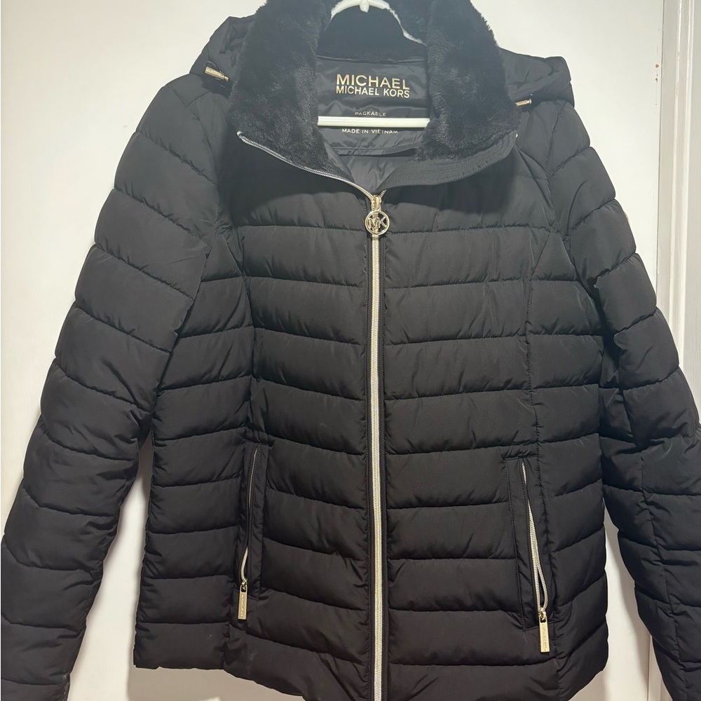 Michael Kors Black Puffer Jacket with Fur Collar
